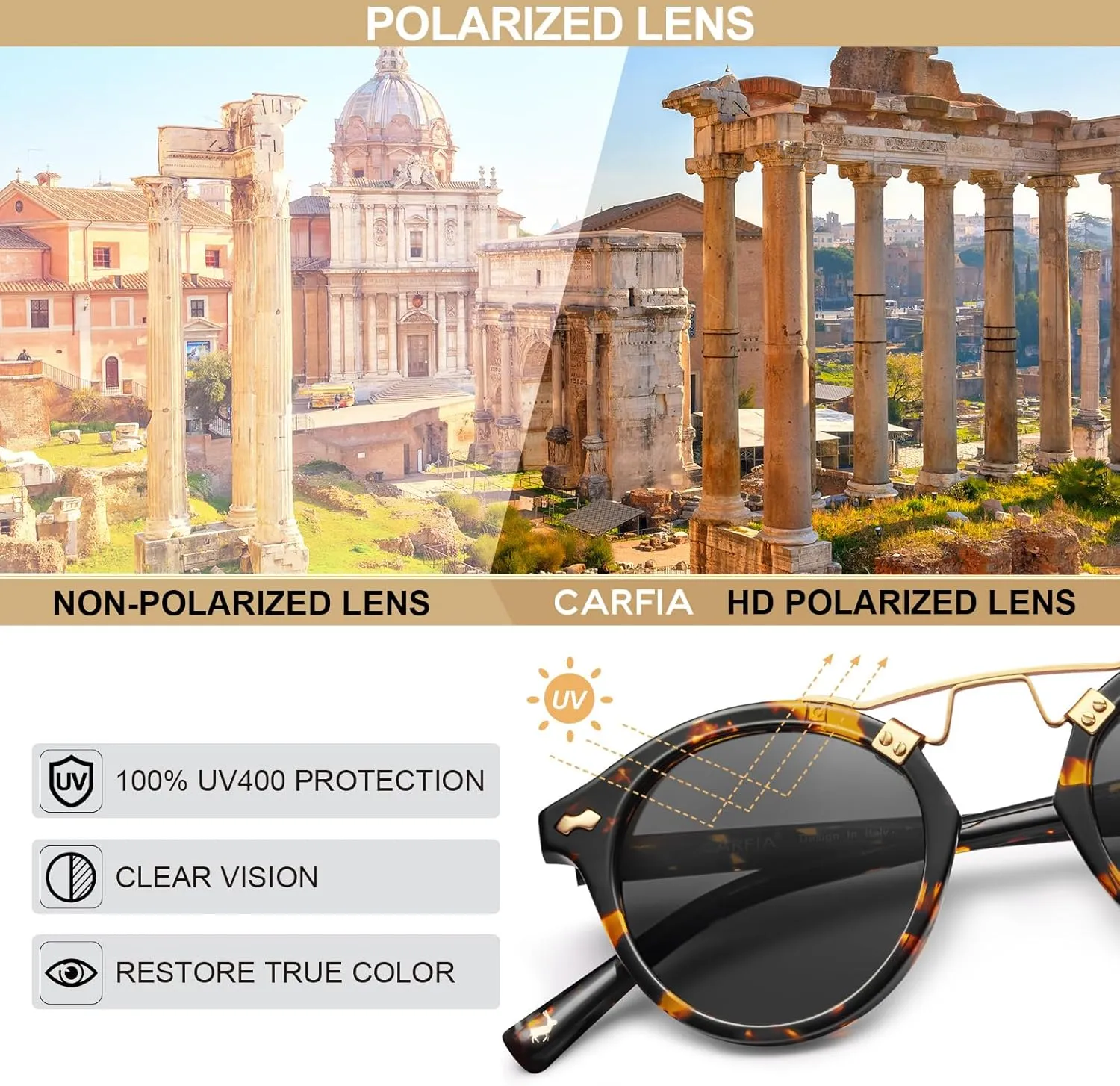 CARFIA Small Face Acetate Polarized Sunglasses for Women UV Protection, Retro Double Bridge Eyewears Metal Brow Round Sunnies