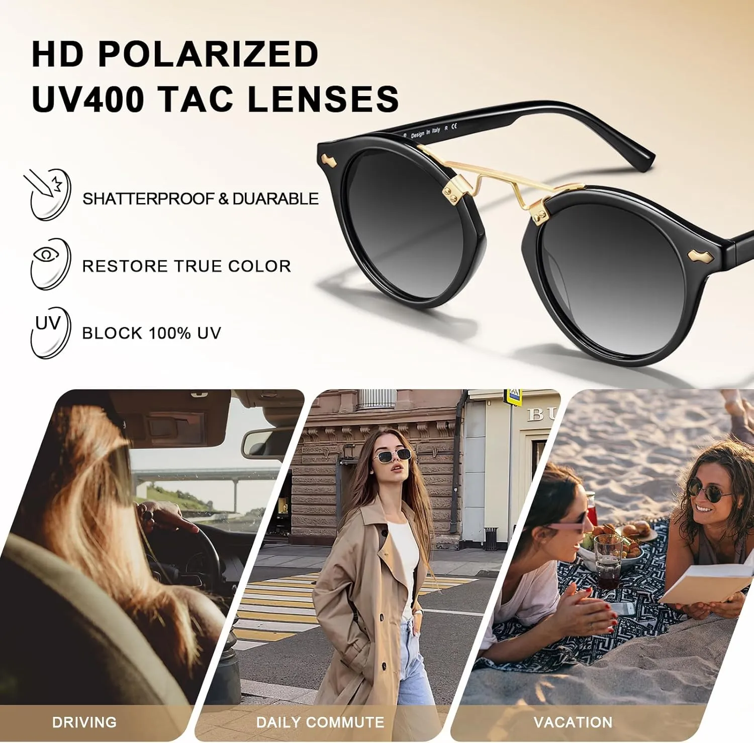 CARFIA Small Face Acetate Polarized Sunglasses for Women UV Protection, Retro Double Bridge Eyewears Metal Brow Round Sunnies