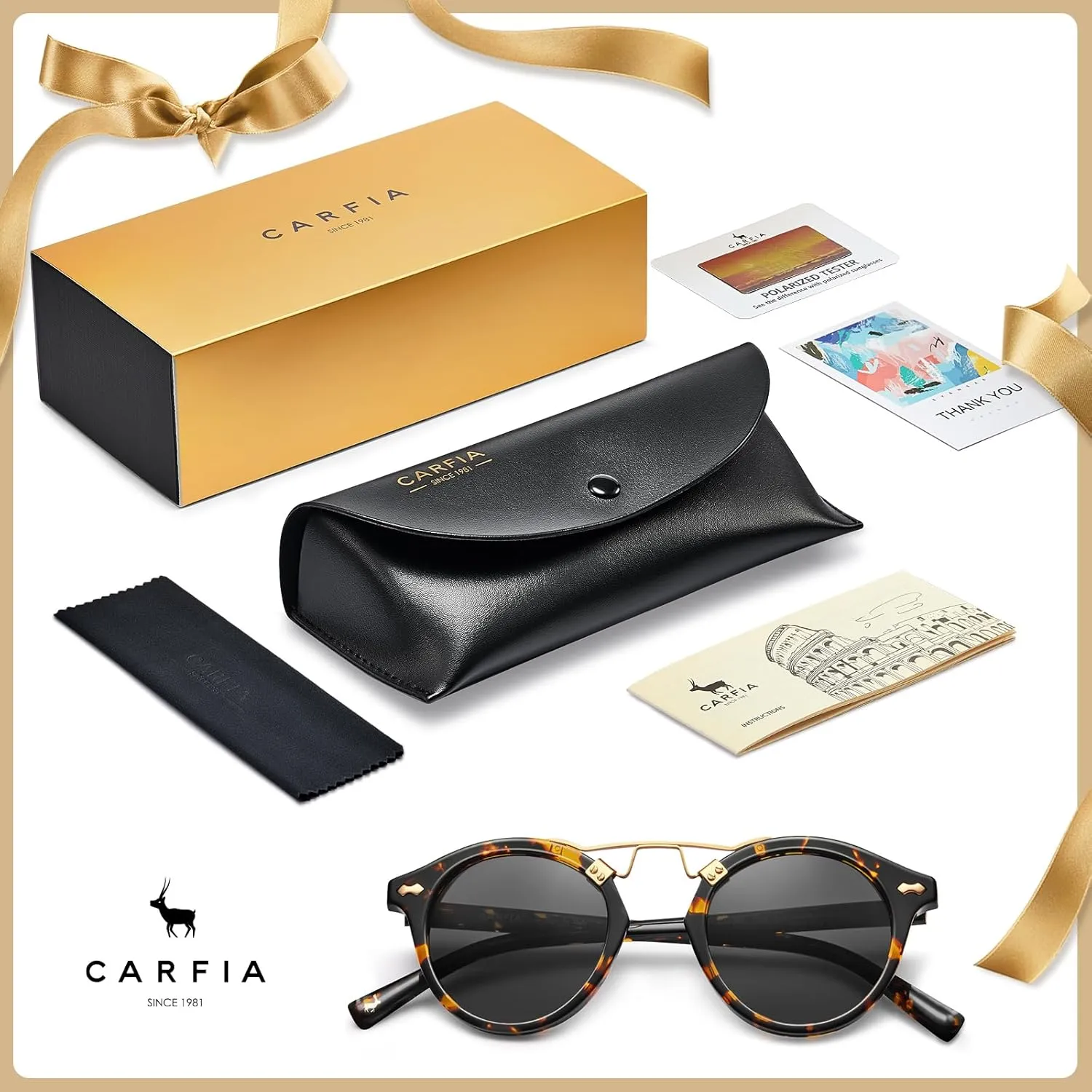 CARFIA Small Face Acetate Polarized Sunglasses for Women UV Protection, Retro Double Bridge Eyewears Metal Brow Round Sunnies