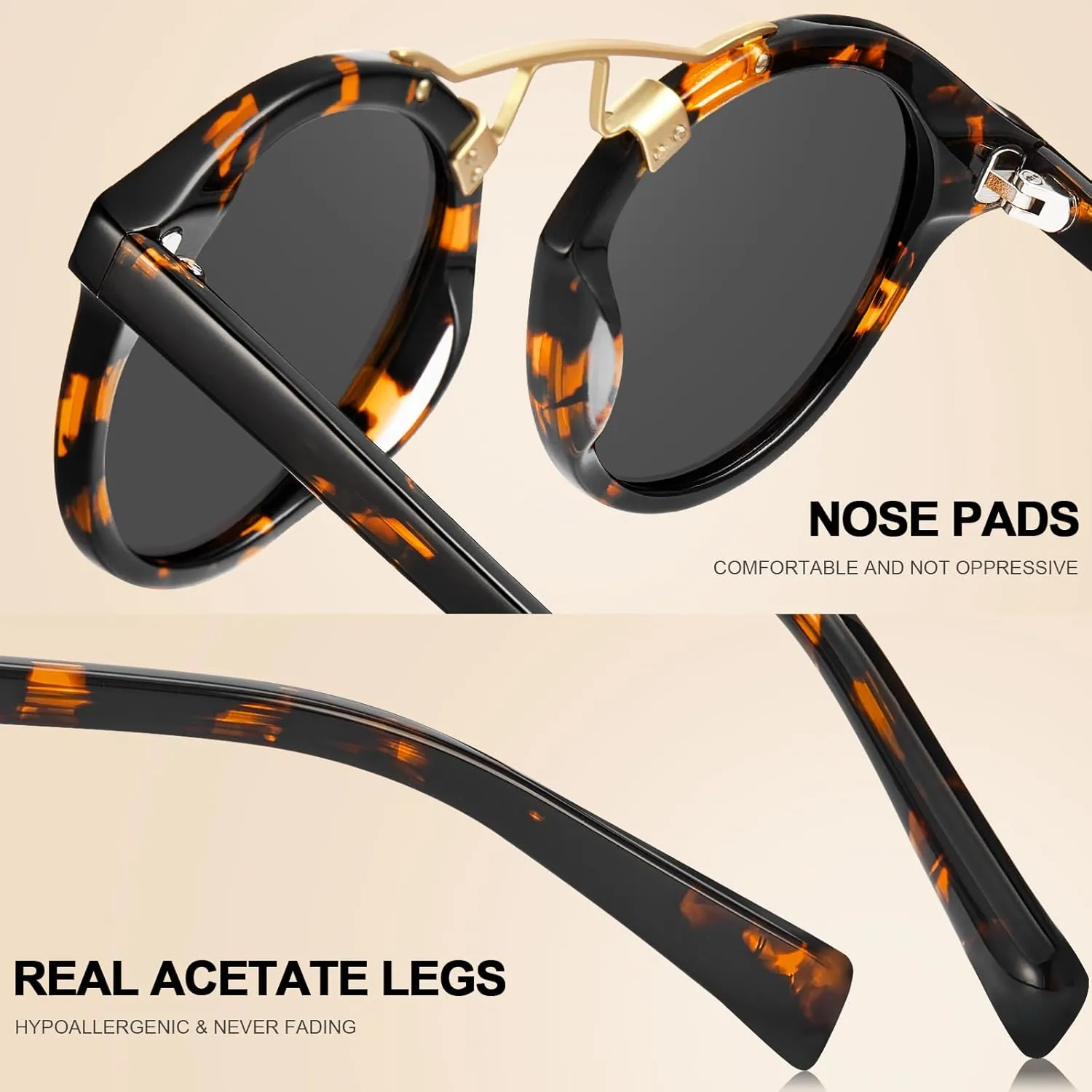 CARFIA Small Face Acetate Polarized Sunglasses for Women UV Protection, Retro Double Bridge Eyewears Metal Brow Round Sunnies