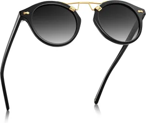 CARFIA Small Face Acetate Polarized Sunglasses for Women UV Protection, Retro Double Bridge Eyewears Metal Brow Round Sunnies