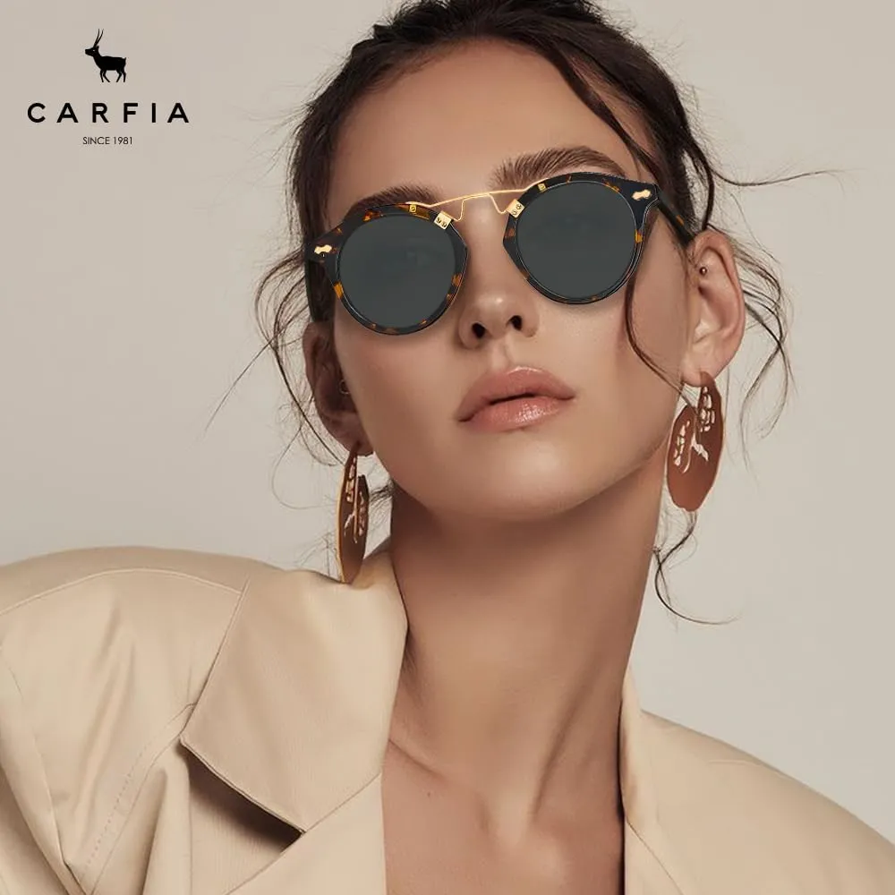 CARFIA Small Face Acetate Polarized Sunglasses for Women UV Protection, Retro Double Bridge Eyewears Metal Brow Round Sunnies