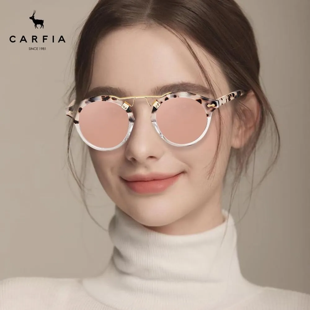 CARFIA Small Face Acetate Polarized Sunglasses for Women UV Protection, Retro Double Bridge Eyewears Metal Brow Round Sunnies