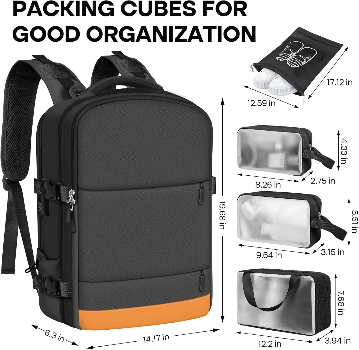 Carry on Backpack,Extra Large Travel Backpack for Men & Women,With USB Charging Port,Includes Toiletry Bag and Shoe Pouch