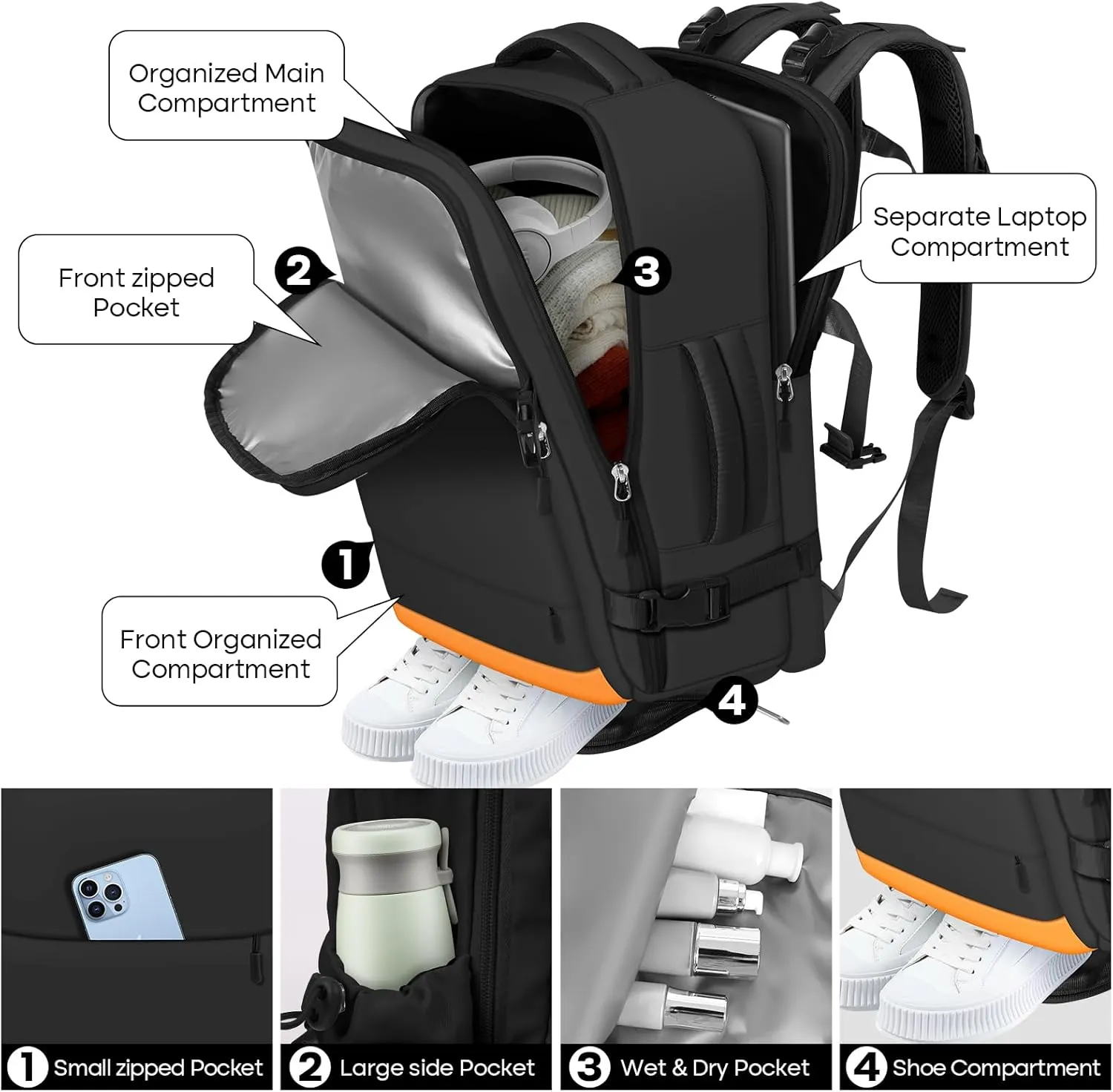 Carry on Backpack,Extra Large Travel Backpack for Men & Women,With USB Charging Port,Includes Toiletry Bag and Shoe Pouch