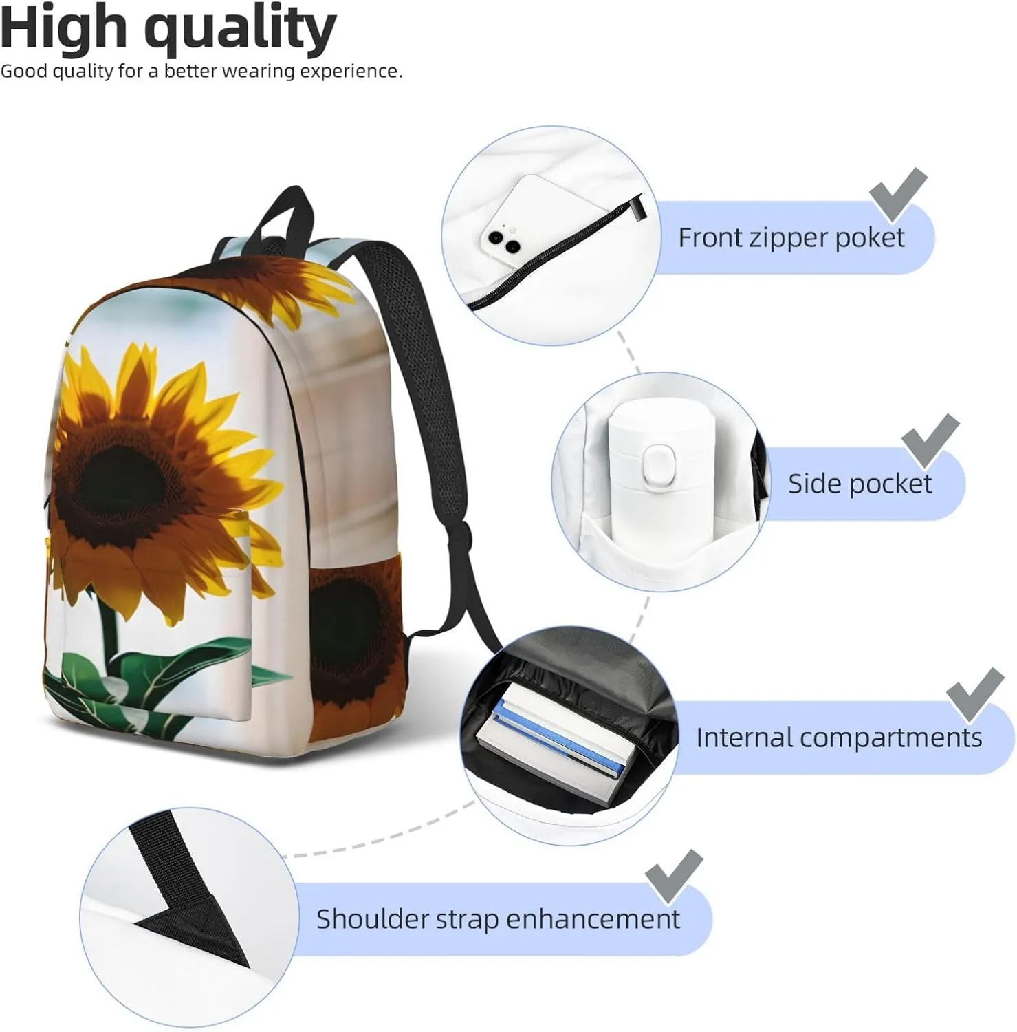 Casual Canvas Backpack, Laptop Rucksack,Shoulder Travel Camping Hiking Backpacks for Men Women-beautiful sunflowers