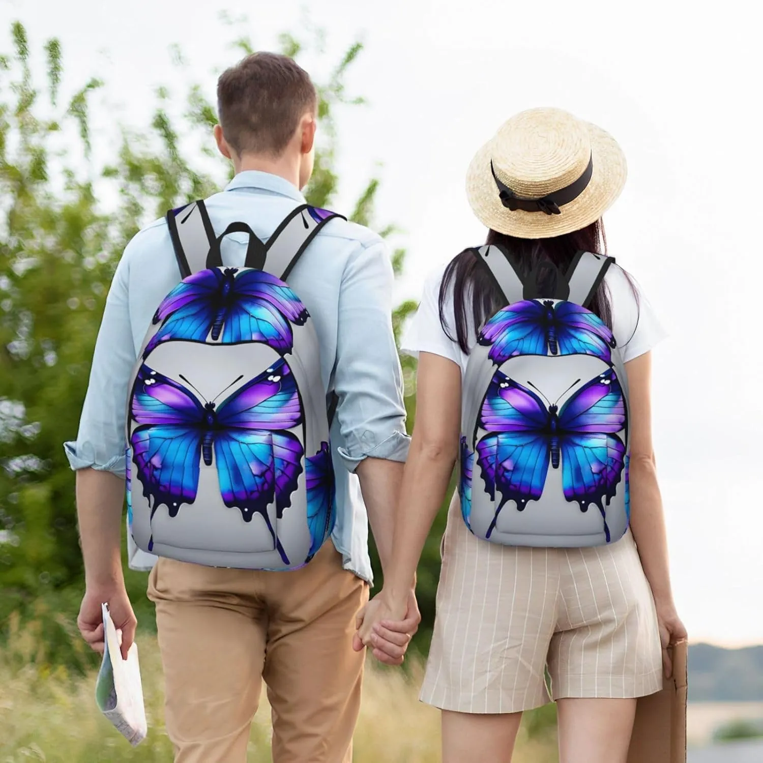 Casual Canvas Backpack, Laptop Rucksack,Shoulder Travel Camping Hiking Backpacks for Men Women-Blue Purple Butterflies
