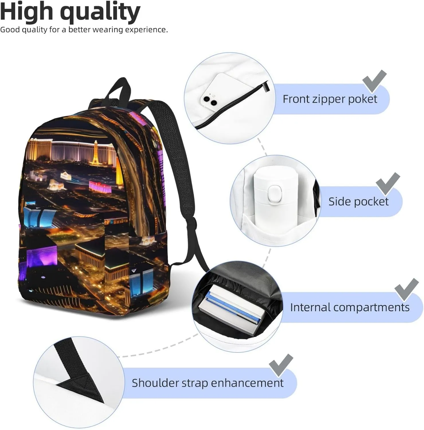 Casual Canvas Backpack, Laptop Rucksack,Shoulder Travel Camping Hiking Backpacks for Men Women-Las Vegas night view