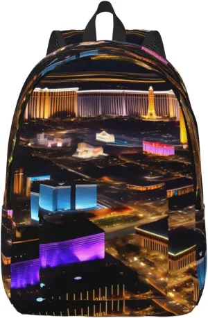 Casual Canvas Backpack, Laptop Rucksack,Shoulder Travel Camping Hiking Backpacks for Men Women-Las Vegas night view