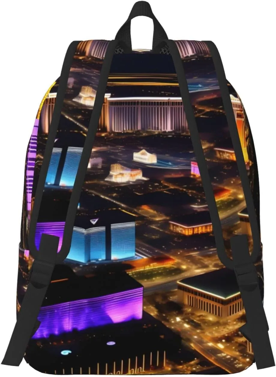 Casual Canvas Backpack, Laptop Rucksack,Shoulder Travel Camping Hiking Backpacks for Men Women-Las Vegas night view