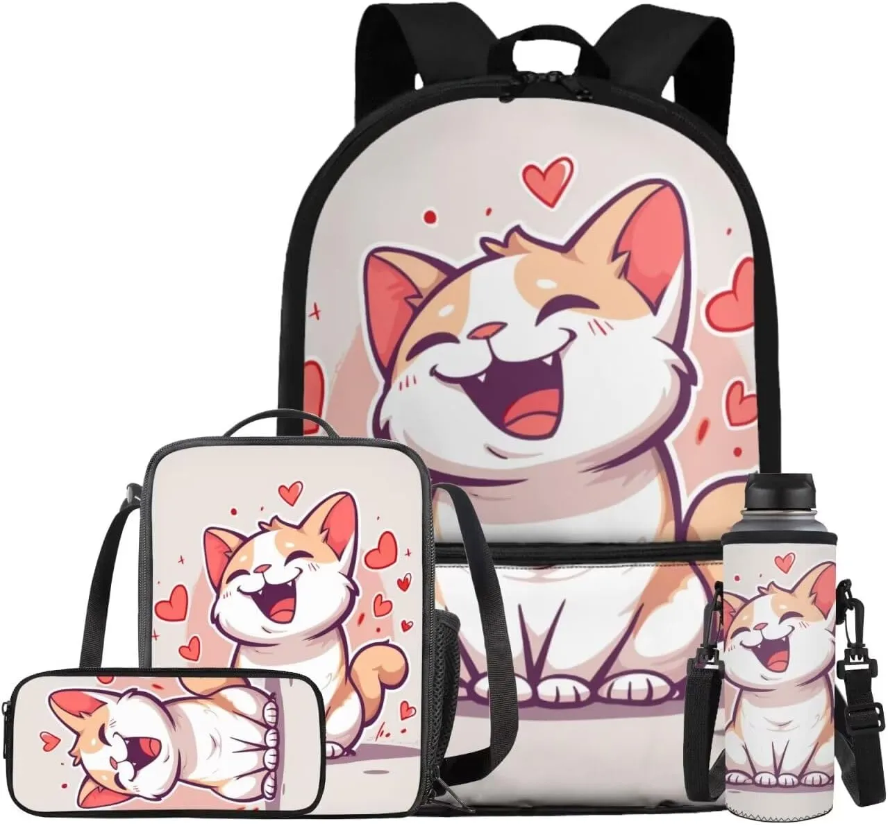 Cat Backpack for School Girls 6th Grade Elementary Kindergarten Bookbag and Lunch Box Girls Backpack Set of 4 Teenage Small Travel Shoulder Book Bag Back Pack