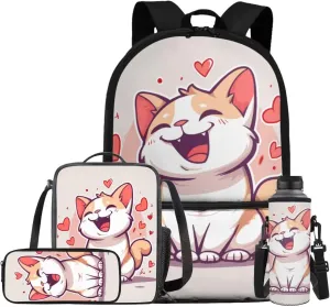 Cat Backpack for School Girls 6th Grade Elementary Kindergarten Bookbag and Lunch Box Girls Backpack Set of 4 Teenage Small Travel Shoulder Book Bag Back Pack