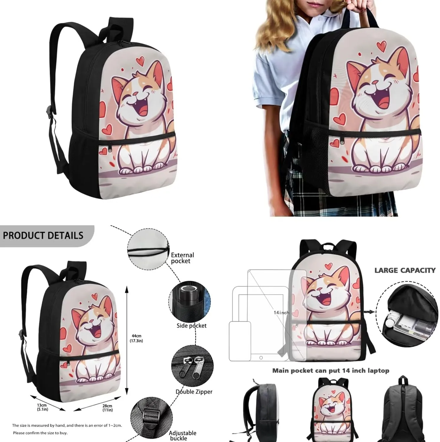 Cat Backpack for School Girls 6th Grade Elementary Kindergarten Bookbag and Lunch Box Girls Backpack Set of 4 Teenage Small Travel Shoulder Book Bag Back Pack