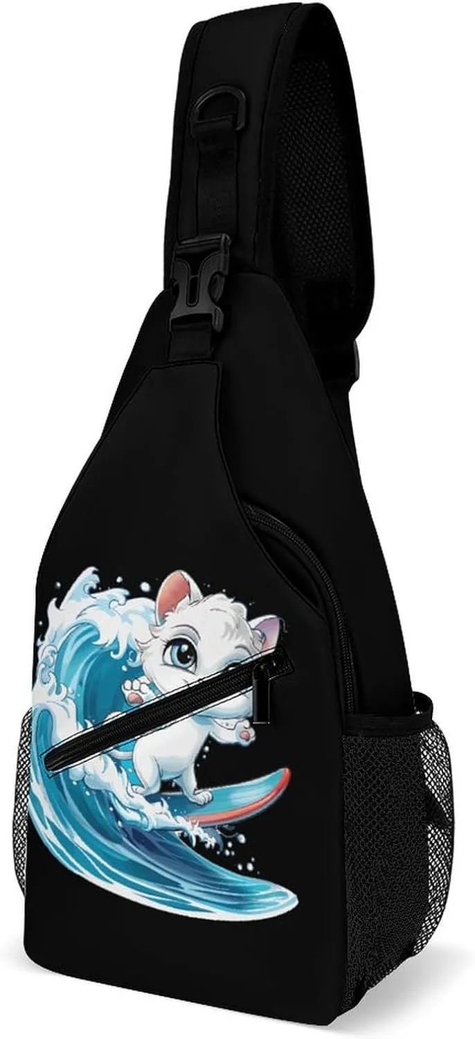 Cat Surfing Sling Backpack Crossbody Chest Bag Print Shoulder Bag Travel Daypack for Sports Running Hiking