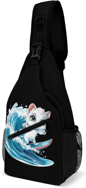 Cat Surfing Sling Backpack Crossbody Chest Bag Print Shoulder Bag Travel Daypack for Sports Running Hiking
