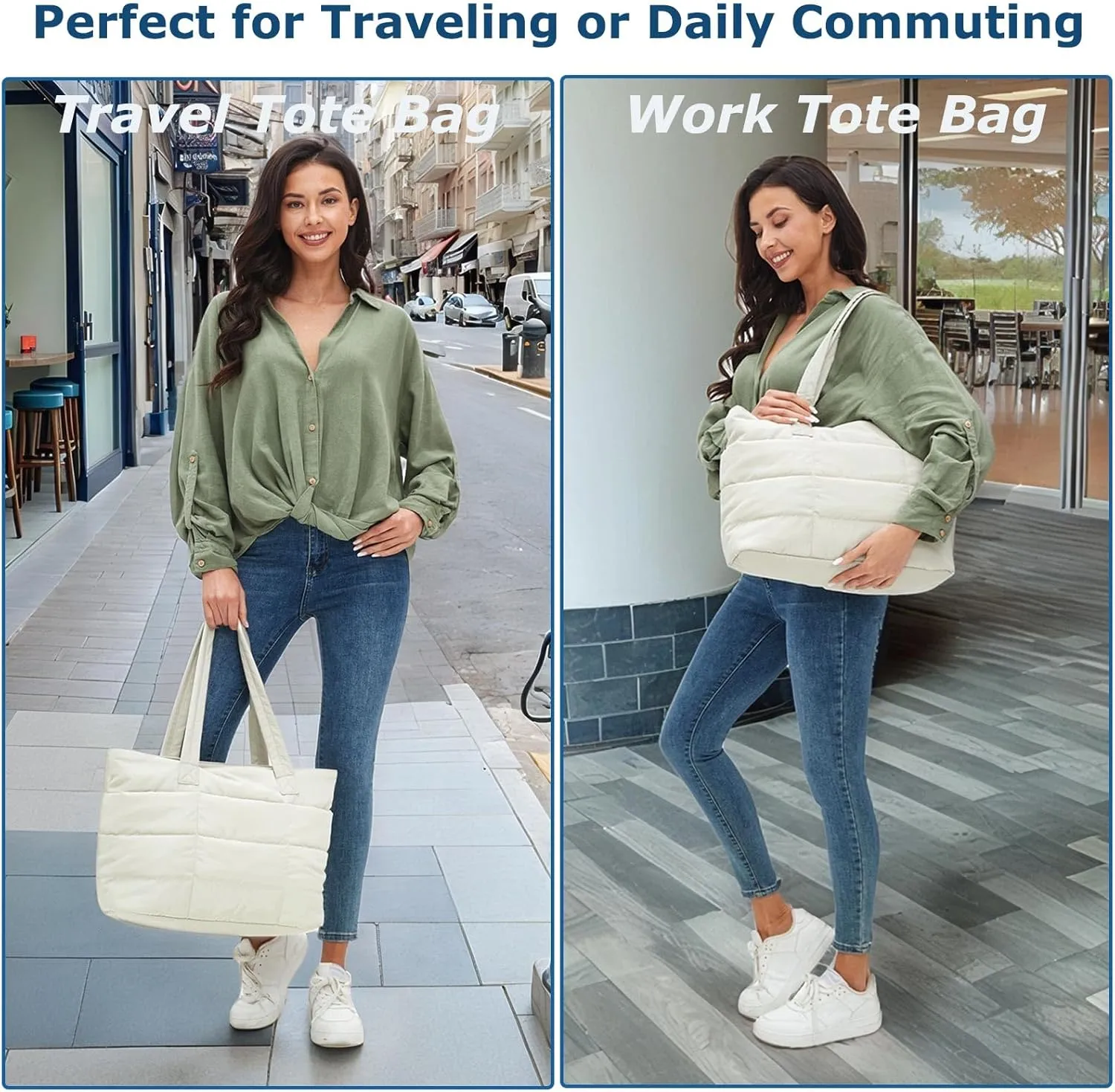 CATMICOO Puffer Tote Bag for Women Quilted Travel Tote with Zipper Puffy Shoulder Handbag for Work Gym
