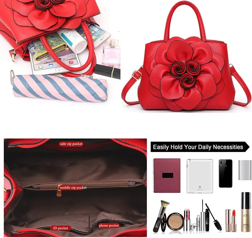Cayla 3D Floral Handbags Purses for Women Top Handle Handbag PU Leather Satchel Shoulder Crossbody Bags Ladies Evening Bag
