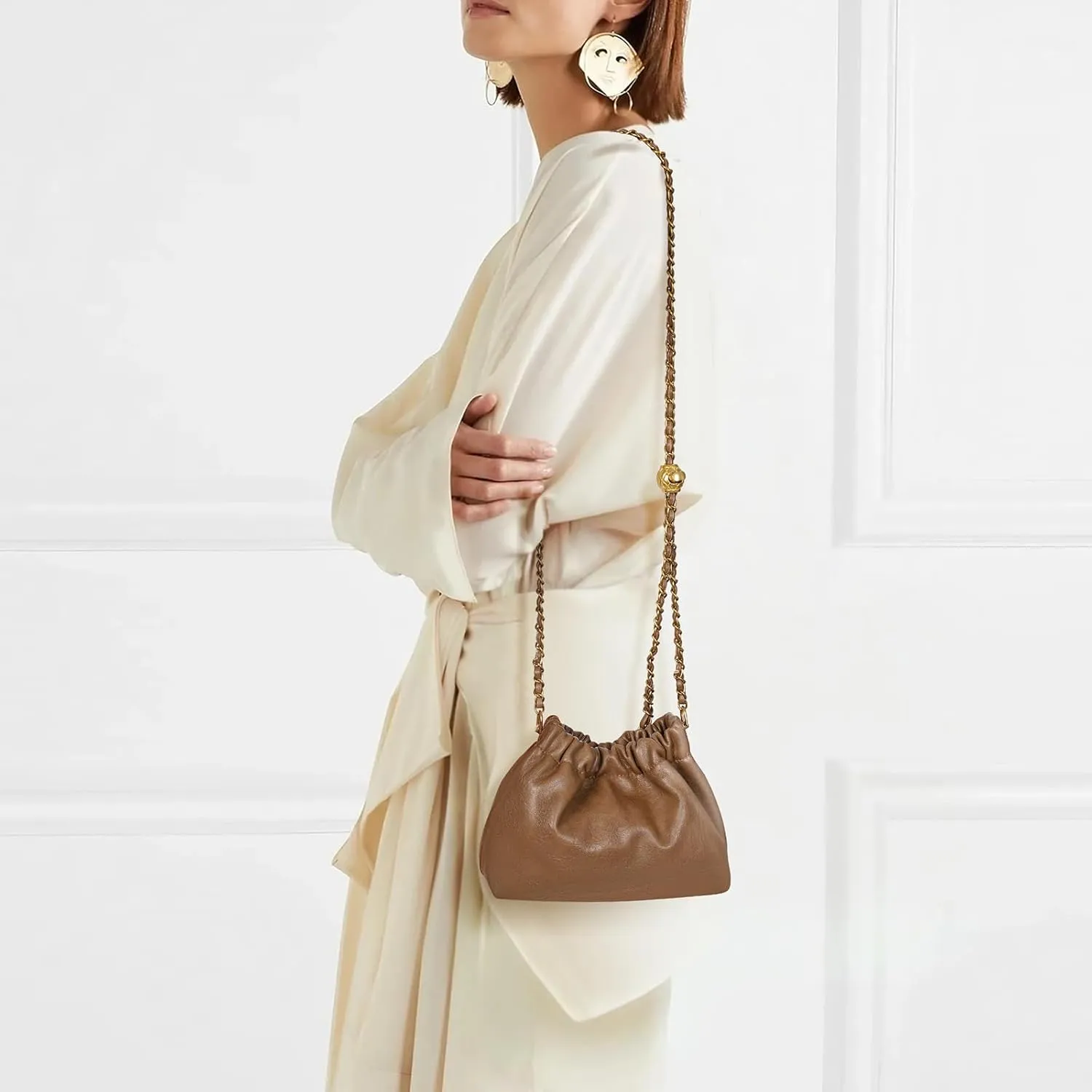 Chain Strap Genuine Leather Hobo Bag - Convertible Shoulder & Crossbody Purse