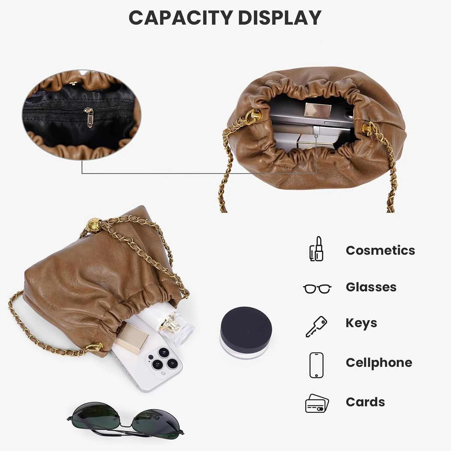 Chain Strap Genuine Leather Hobo Bag - Convertible Shoulder & Crossbody Purse