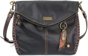 Chala Charming Crossbody Bag with Zipper Flap Top and Metal Chain - Black (Feather)