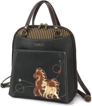 Chala Group Handbags Multi-Color Convertible Mini Backpack Purse (870) (Black_ Horse Family)