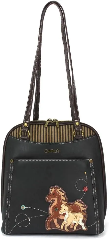 Chala Group Handbags Multi-Color Convertible Mini Backpack Purse (870) (Black_ Horse Family)