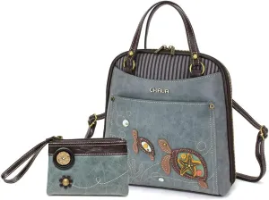 Chala Group Handbags Turtle Convertible Backpack Purse and Double Fold Wallet Bundle- Turtle Lovers, Indigo color