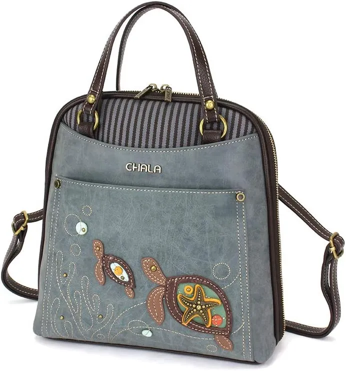 Chala Handbags Turtle Convertible Backpack Purse Turtle Lovers, Indigo color, 10.5 inch x 10.5 inch x 4 inch (TUT-BK1)