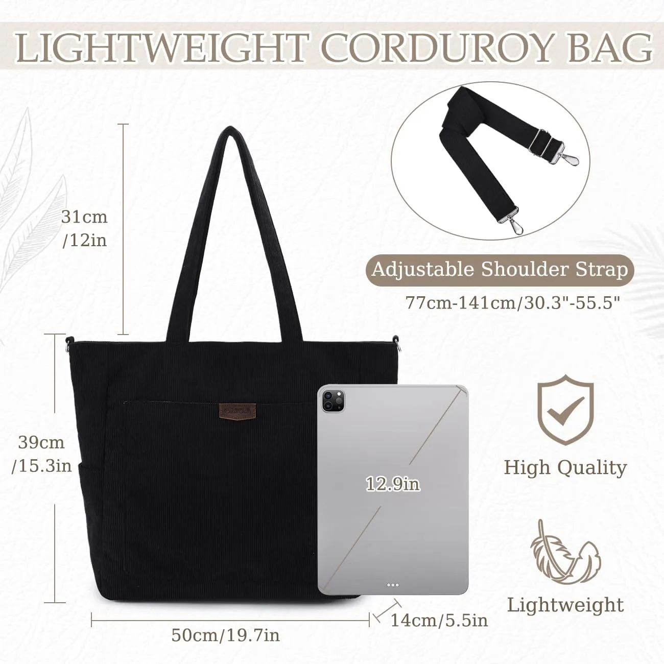 Chase Chic Corduroy Tote Bag for Women, Large Lightweight Shoulder Work Tote Crossbody Handbag for Girls
