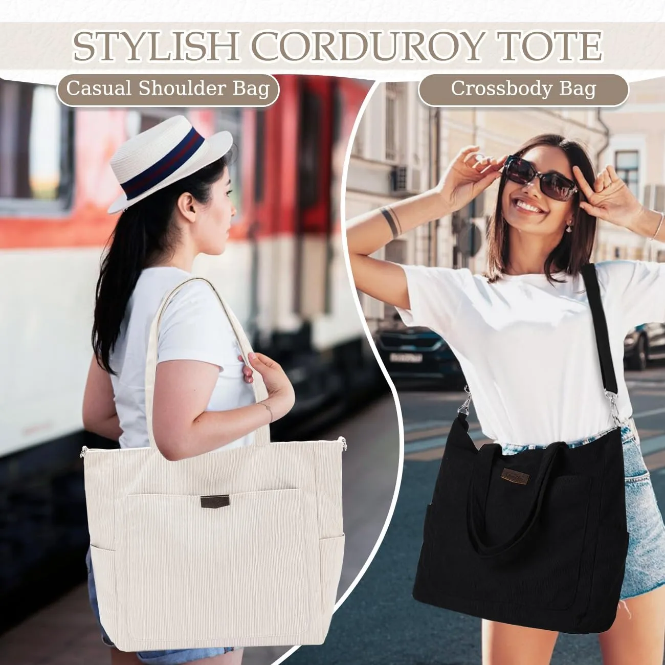 Chase Chic Corduroy Tote Bag for Women, Large Lightweight Shoulder Work Tote Crossbody Handbag for Girls
