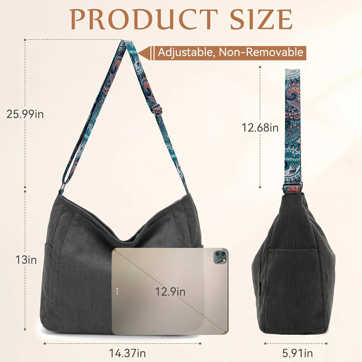 Chase Chic Corduroy Tote Bag for Women, Large Messenger Bag Crossbody Hobo Bag Convertible Shoulder Handbag for Work