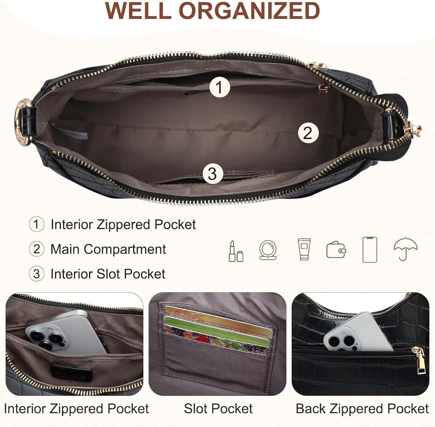 Chase Chic Crossbody Purse for Women, Small Vegan Leather Shoulder Bag Ladies Crescent Handbags with Detachable Strap