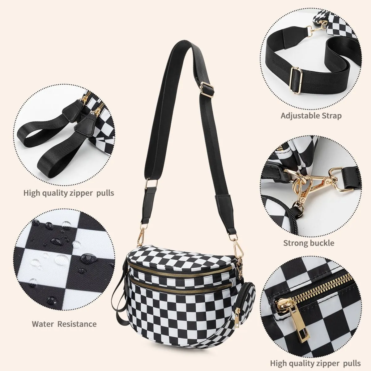 Checkered Bum Bag Crossbody, Black and White Checkered Crossbody Bag, Fanny Pack for Women with Adjustable Strap (B)