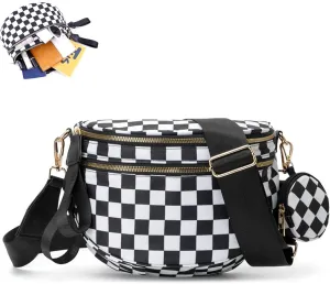 Checkered Bum Bag Crossbody, Black and White Checkered Crossbody Bag, Fanny Pack for Women with Adjustable Strap (B)