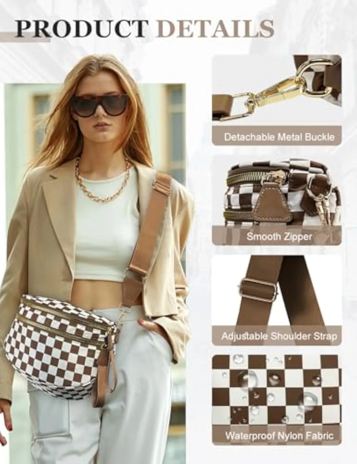 Checkered Bum Bag Crossbody, Black and White Checkered Crossbody Bag, Fanny Pack for Women with Adjustable Strap (B)