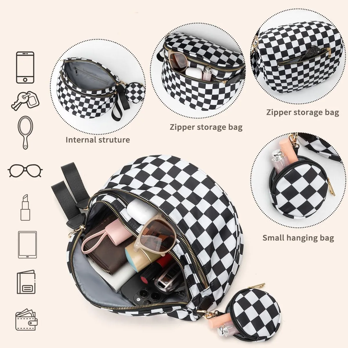 Checkered Bum Bag Crossbody, Black and White Checkered Crossbody Bag, Fanny Pack for Women with Adjustable Strap (B)