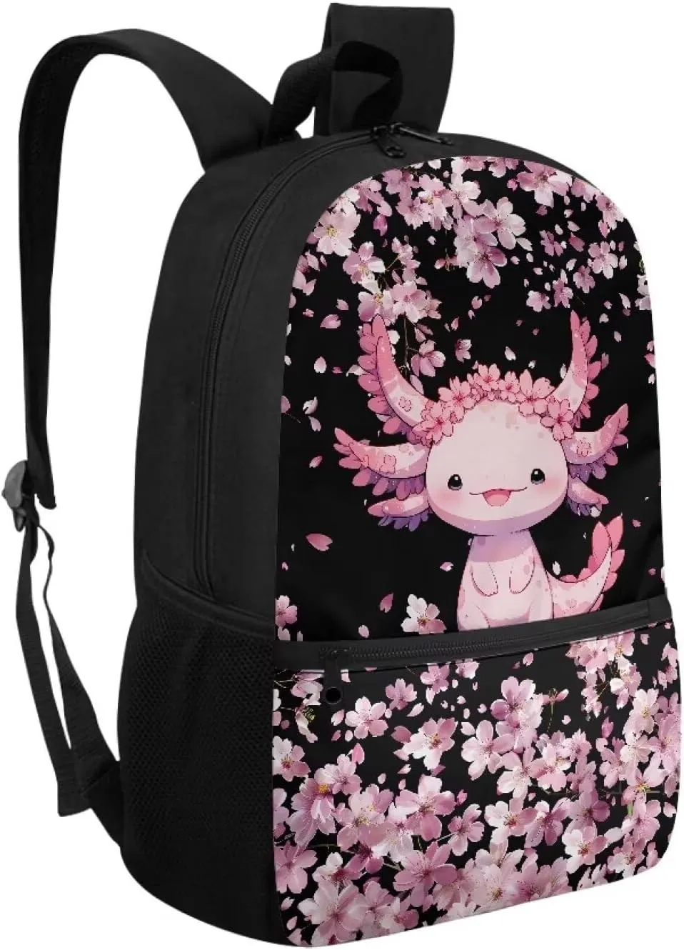 Cherry Blossom Axolotl School Bags for Girls 7-10/10-12 Elementary School Bookbag Kids Backpack With Side Pockets 3Rd/4Th/5Th/6Th Grade Boys 17inch Student Cute Schoolbag Casual Daypack