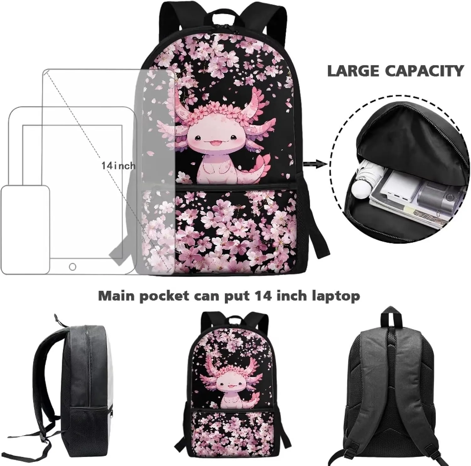 Cherry Blossom Axolotl School Bags for Girls 7-10/10-12 Elementary School Bookbag Kids Backpack With Side Pockets 3Rd/4Th/5Th/6Th Grade Boys 17inch Student Cute Schoolbag Casual Daypack