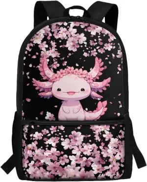 Cherry Blossom Axolotl School Bags for Girls 7-10/10-12 Elementary School Bookbag Kids Backpack With Side Pockets 3Rd/4Th/5Th/6Th Grade Boys 17inch Student Cute Schoolbag Casual Daypack