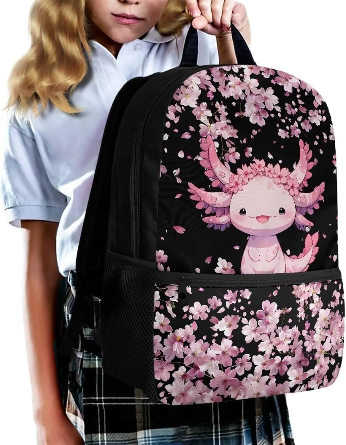 Cherry Blossom Axolotl School Bags for Girls 7-10/10-12 Elementary School Bookbag Kids Backpack With Side Pockets 3Rd/4Th/5Th/6Th Grade Boys 17inch Student Cute Schoolbag Casual Daypack