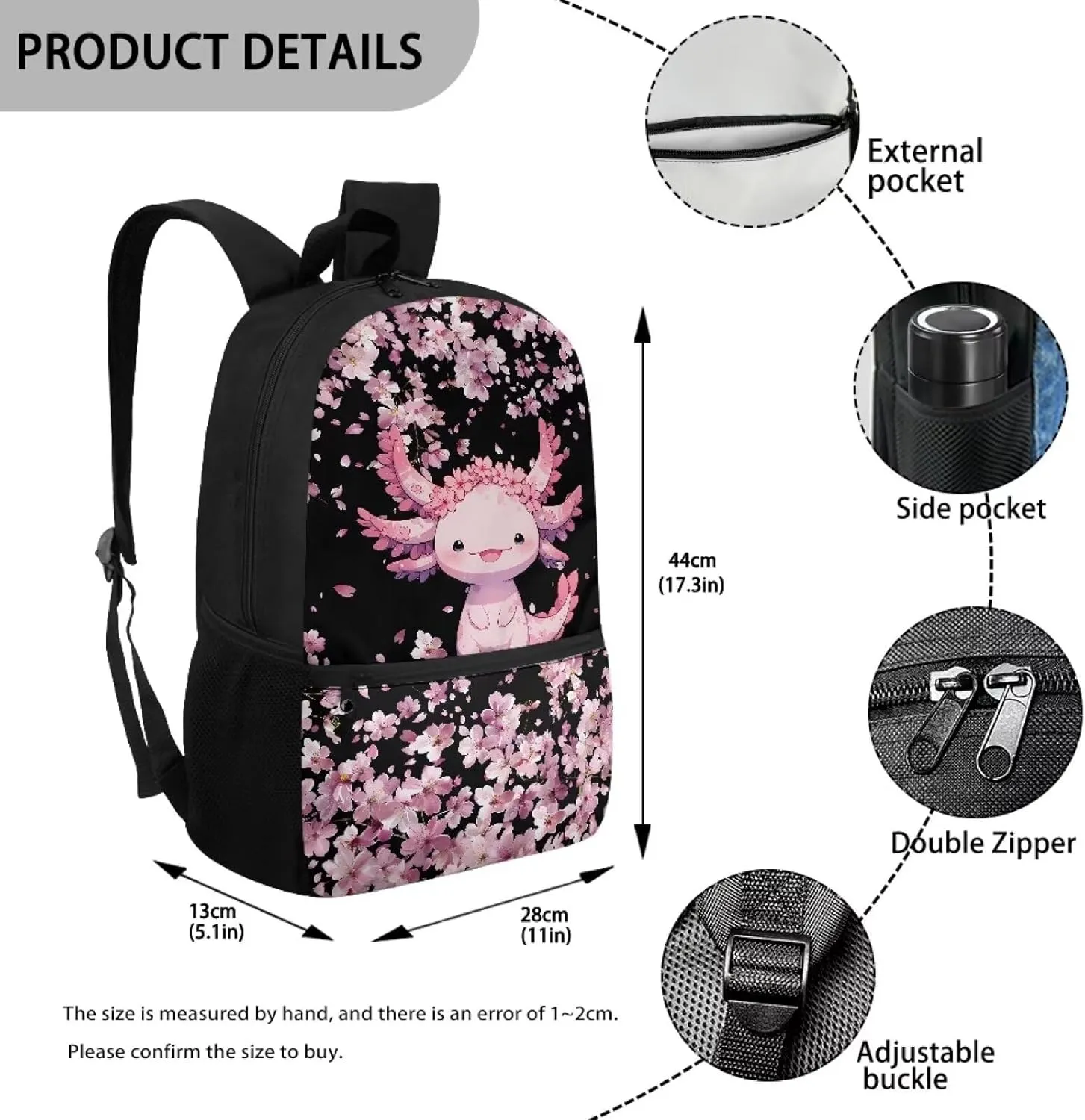 Cherry Blossom Axolotl School Bags for Girls 7-10/10-12 Elementary School Bookbag Kids Backpack With Side Pockets 3Rd/4Th/5Th/6Th Grade Boys 17inch Student Cute Schoolbag Casual Daypack