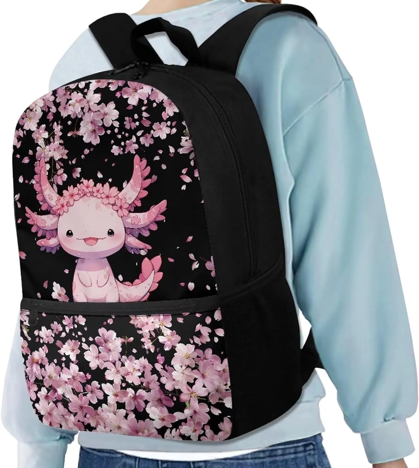 Cherry Blossom Axolotl School Bags for Girls 7-10/10-12 Elementary School Bookbag Kids Backpack With Side Pockets 3Rd/4Th/5Th/6Th Grade Boys 17inch Student Cute Schoolbag Casual Daypack
