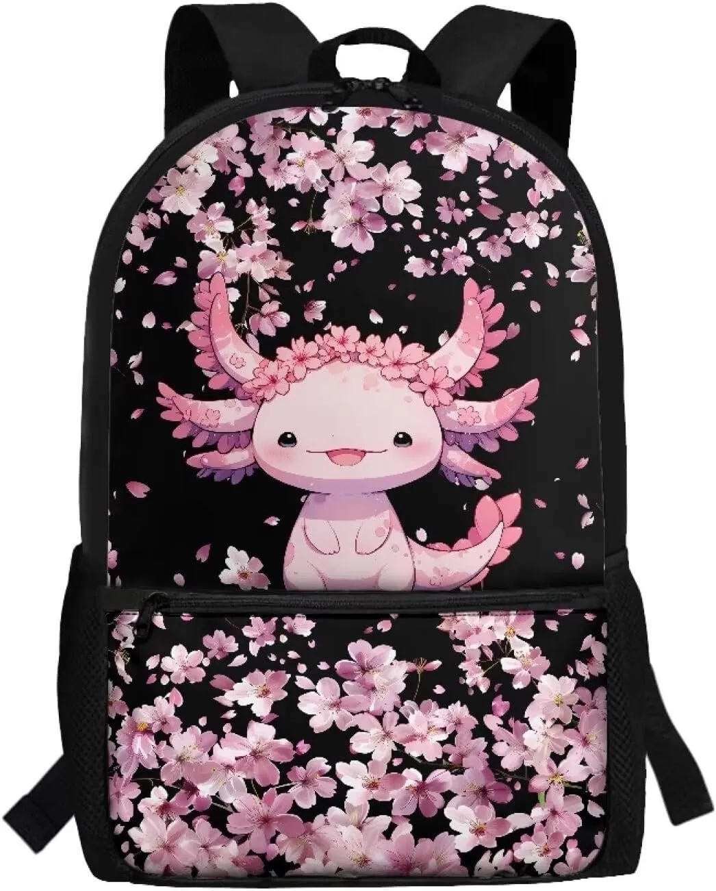 Cherry Blossom Axolotl School Bags for Girls 7-10/10-12 Elementary School Bookbag Kids Backpack With Side Pockets 3Rd/4Th/5Th/6Th Grade Boys 17inch Student Cute Schoolbag Casual Daypack
