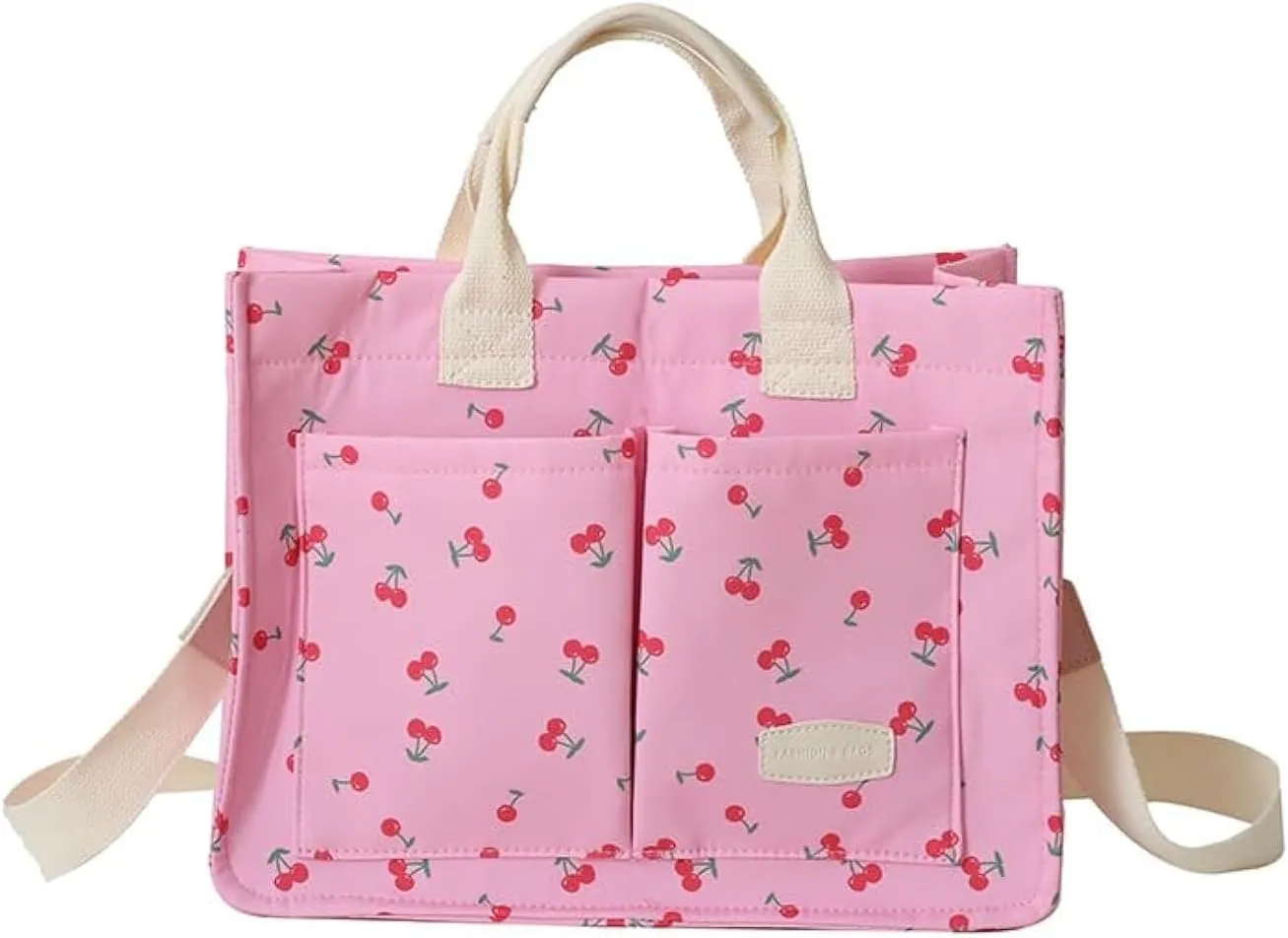 Cherry Tote Bag for Women Canvas Patched Purse Cute Shoulder Bag Multi-Pocket Satchel Handbag for work travel