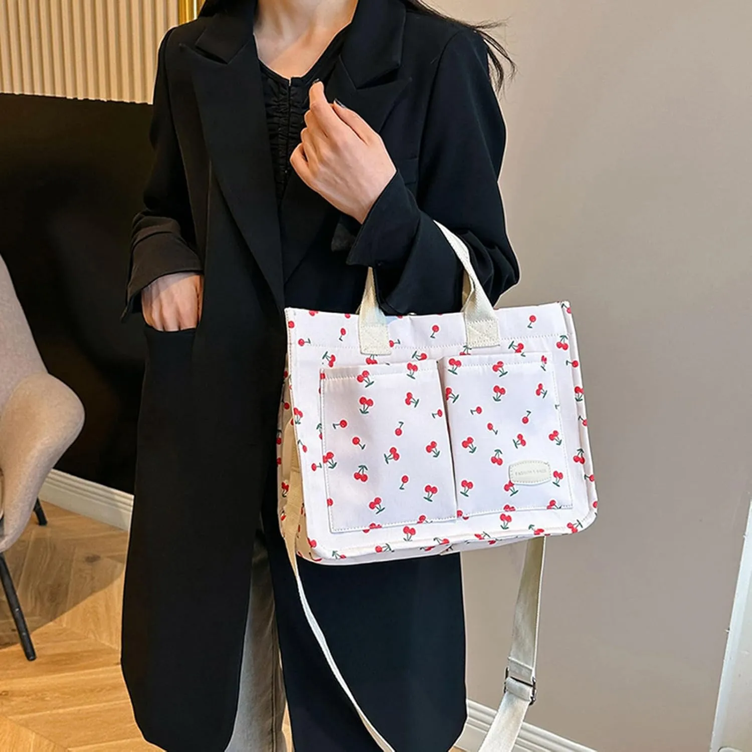 Cherry Tote Bag for Women Canvas Patched Purse Cute Shoulder Bag Multi-Pocket Satchel Handbag for work travel