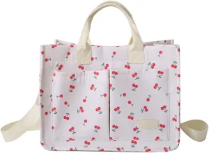 Cherry Tote Bag for Women Canvas Patched Purse Cute Shoulder Bag Multi-Pocket Satchel Handbag for work travel