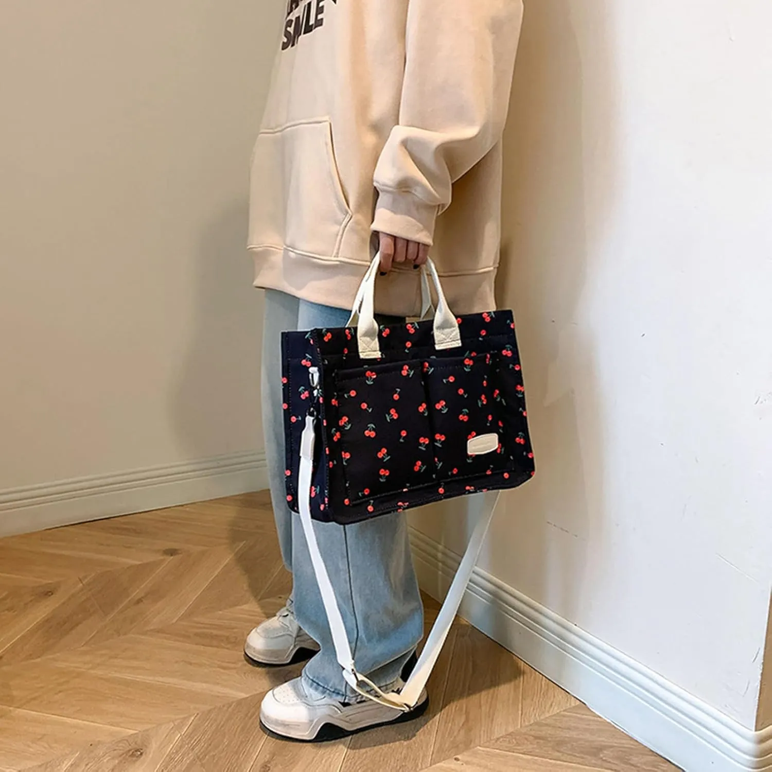 Cherry Tote Bag for Women Canvas Patched Purse Cute Shoulder Bag Multi-Pocket Satchel Handbag for work travel