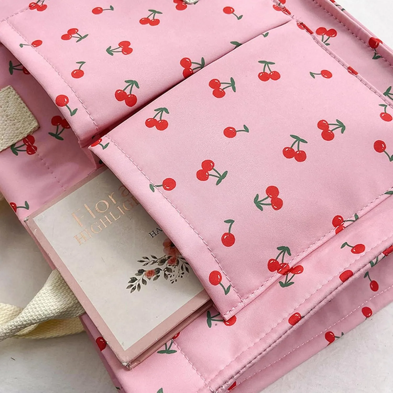 Cherry Tote Bag for Women Canvas Patched Purse Cute Shoulder Bag Multi-Pocket Satchel Handbag for work travel