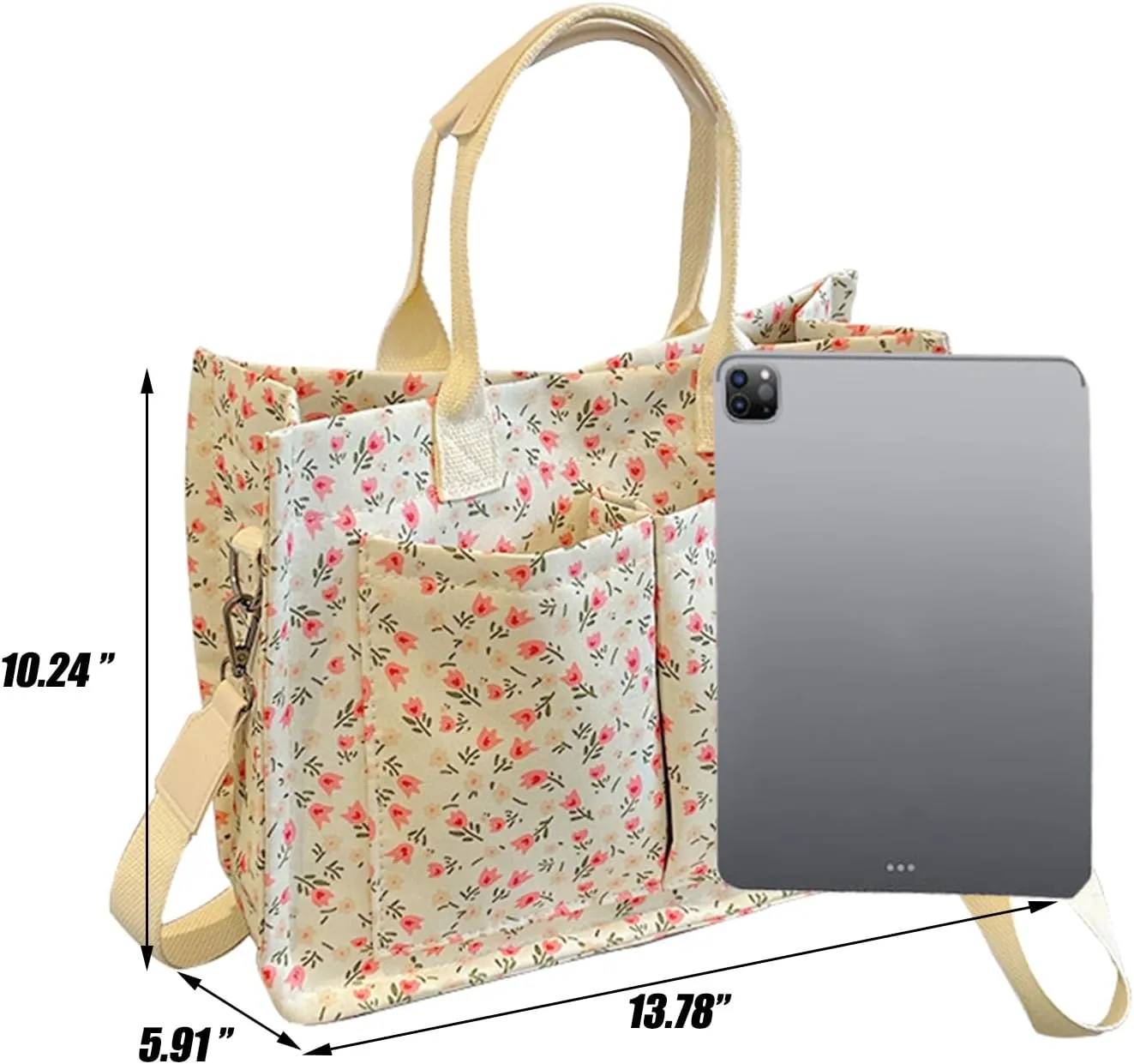 Cherry Tote Bag for Women Canvas Patched Purse Cute Shoulder Bag Multi-Pocket Satchel Handbag for work travel