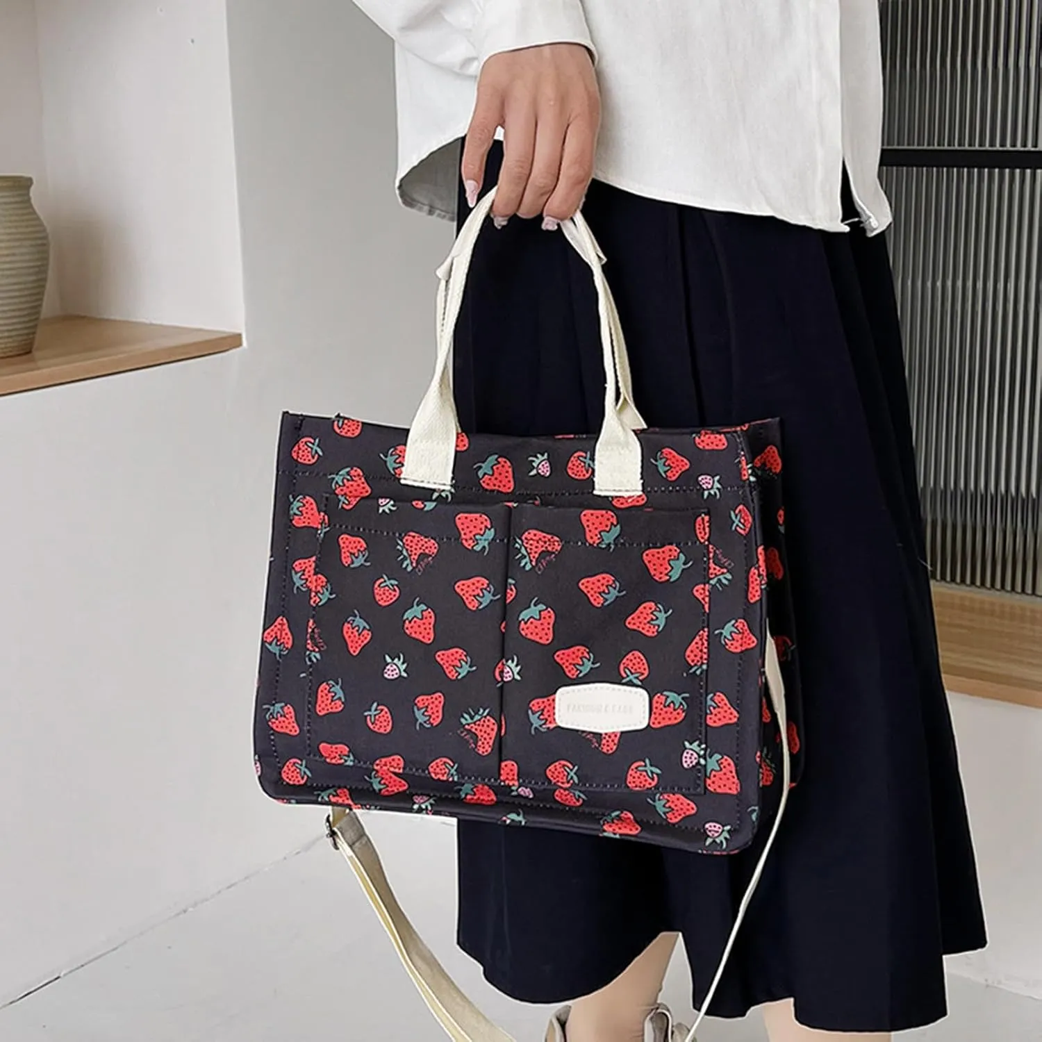 Cherry Tote Bag for Women Canvas Patched Purse Cute Shoulder Bag Multi-Pocket Satchel Handbag for work travel